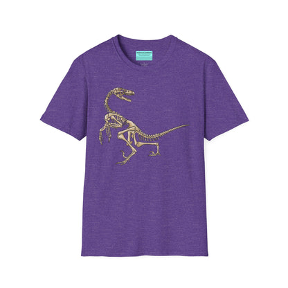 Light purple unisex short sleeve t-shirt with a fierce velociraptor skeleton strutting across the chest—because who says extinct can’t be stylish?