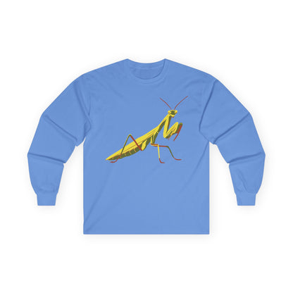 Long sleeve unisex cornflower blue shirt featuring an illustration of a yellow and green praying mantis insect on the front.