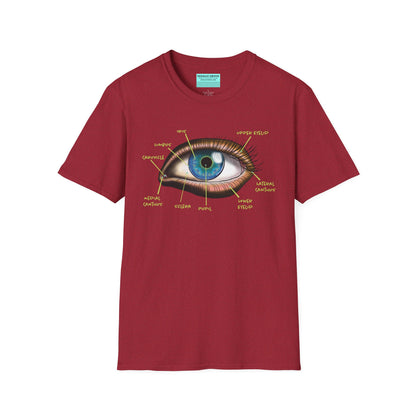 Red shirt featuring an anatomical diagram of an eye, with labeled parts of the eye displayed.