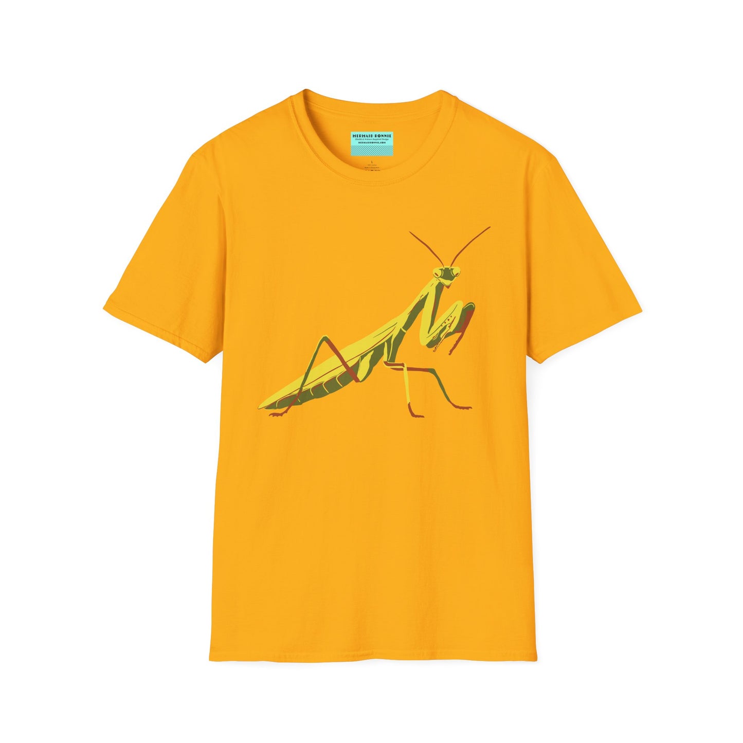 Yellow t-shirt featuring an illustration of a green praying mantis on the front.