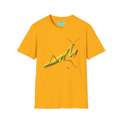 Yellow t-shirt featuring an illustration of a green praying mantis on the front.