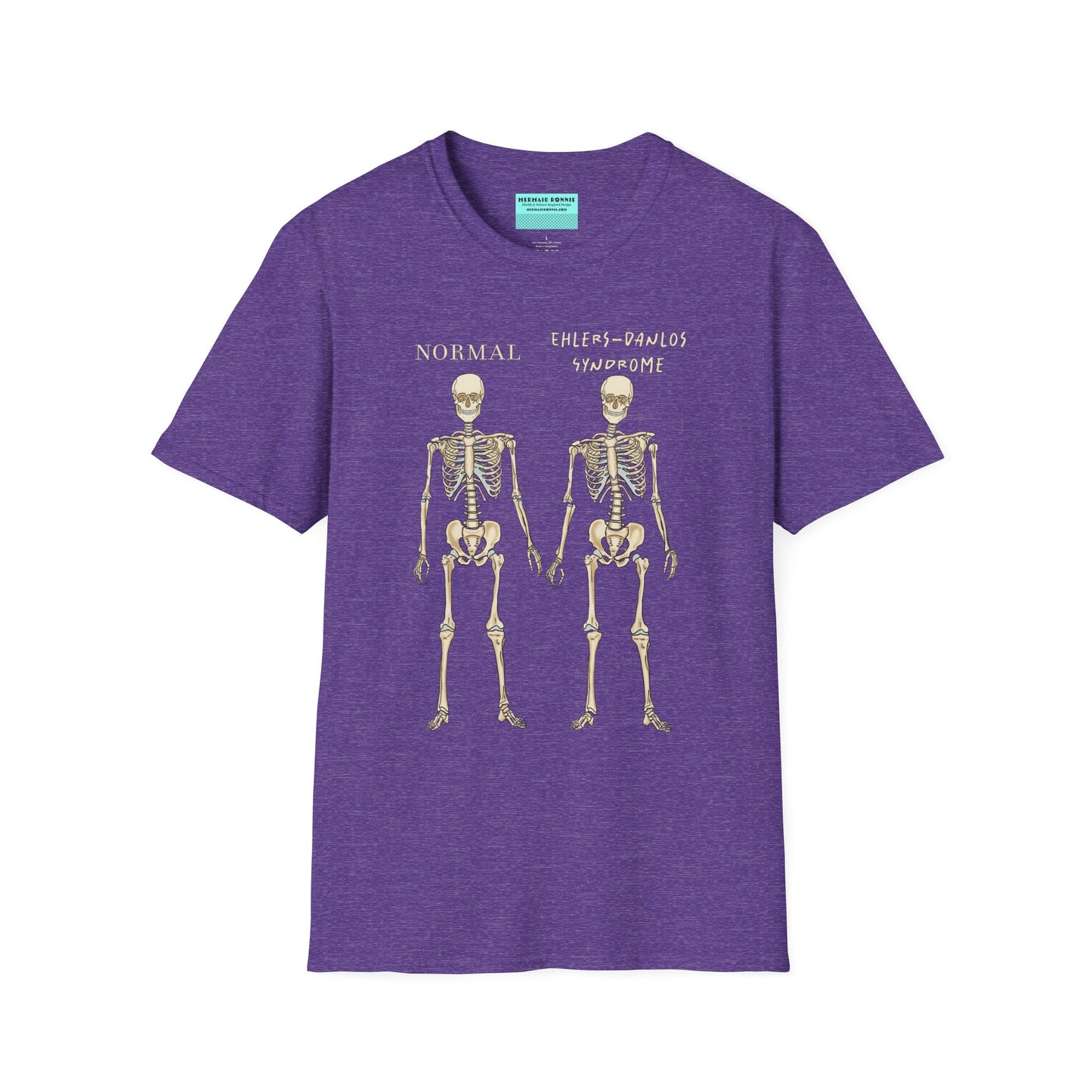 Purple unisex short sleeve t-shirt featuring two skeletons side by side—one labeled "normal," the other "Ehlers-Danlos Syndrome"—because connective tissue disorders deserve more visibility (and maybe a sense of humor, too).