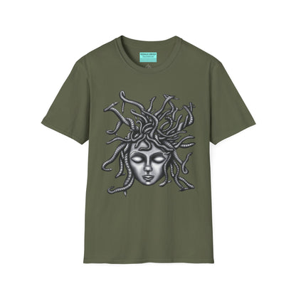 Military green t-shirt featuring a grayscale drawing of Medusa.
