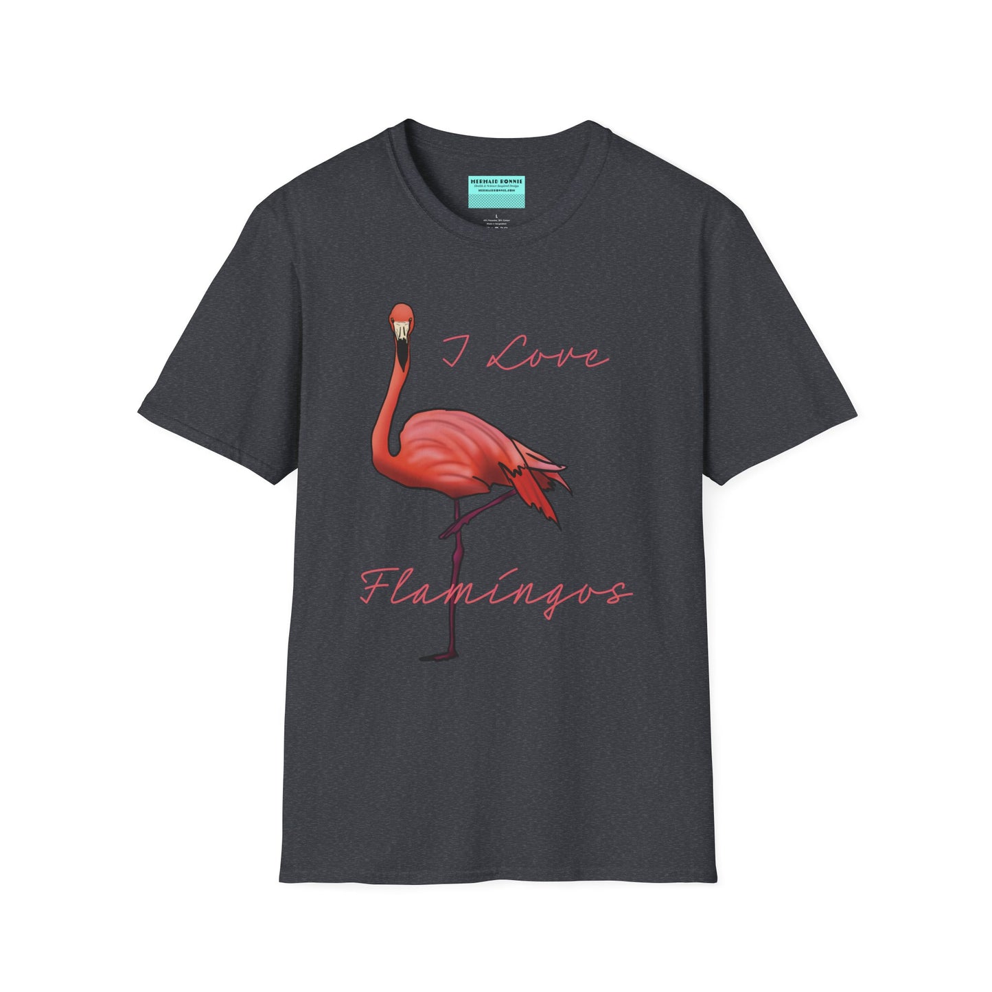 Dark grey unisex short-sleeve tee with a fabulously pink flamingo strutting its stuff and the words “I love flamingos” — for anyone whose spirit animal stands on one leg.