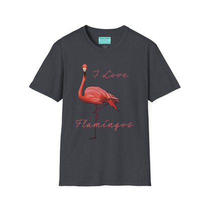 Dark grey unisex short-sleeve tee with a fabulously pink flamingo strutting its stuff and the words “I love flamingos” — for anyone whose spirit animal stands on one leg.