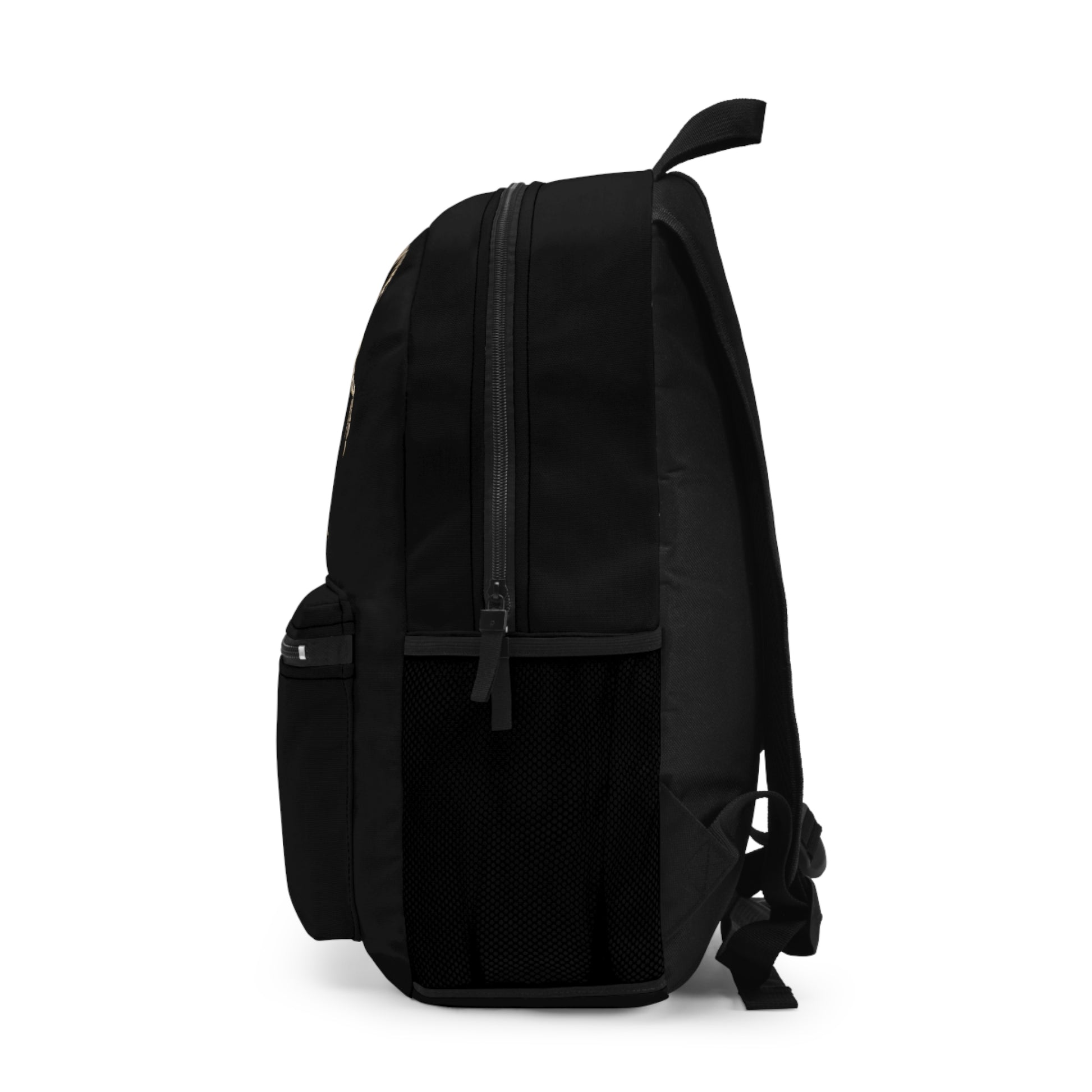 The opposite side view of a black backpack featuring illustrations of two velociraptor skeletons in a dynamic, fossil-style design