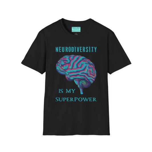 Black t-shirt featuring an anatomical drawing of a brain, with the phrase 'Neurodiversity is my superpower' printed on it.