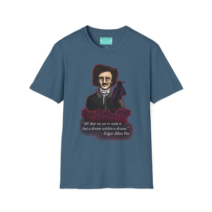Indigo blue t-shirt featuring a drawing of Edgar Allan Poe with a raven perched nearby and red roses surrounding them, along with the quote 'All that we see or seem is but a dream within a dream.'