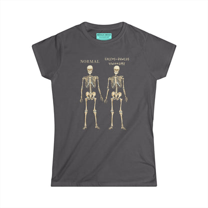 Women’s t-shirt in charcoal grey with two skeletons side by side. The first is labeled 'Normal' and the second is labeled 'Ehlers-Danlos Syndrome,' visually illustrating the skeletal effects of EDS.