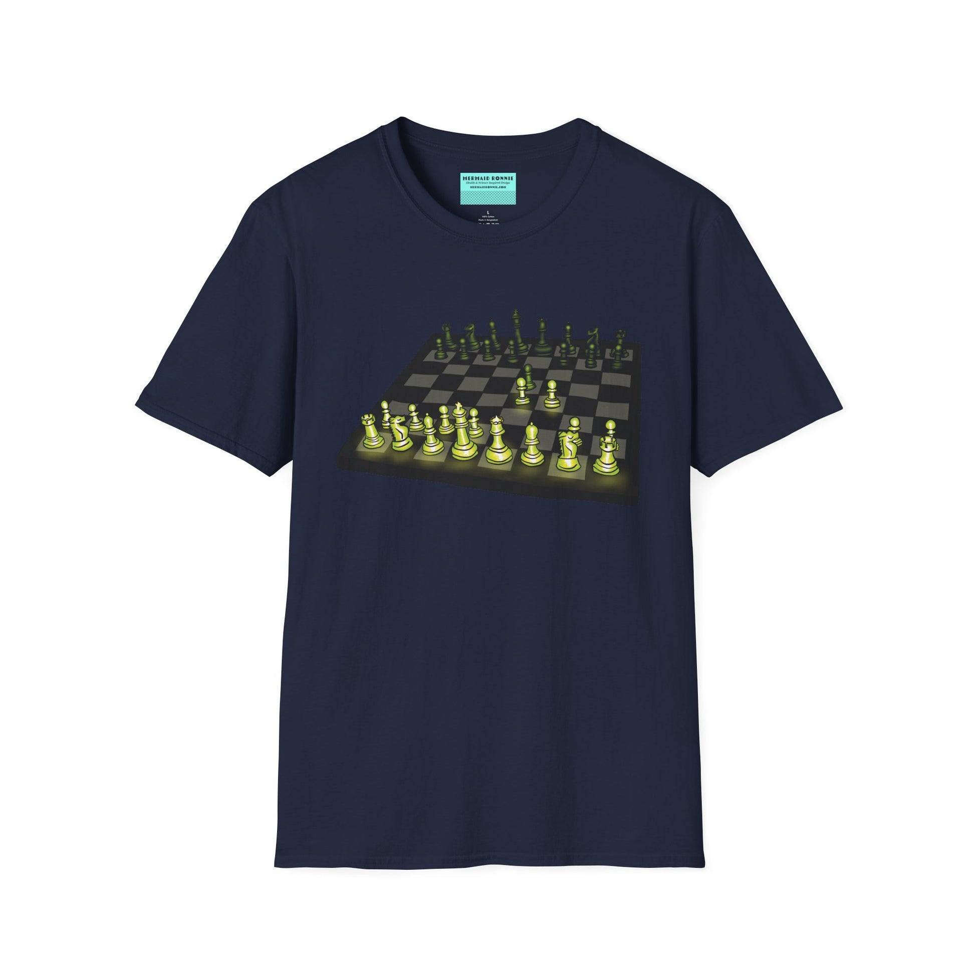 Navy unisex short-sleeve t-shirt featuring an electrifying chess board with glowing pieces mid–Queen’s Gambit, because nothing says “checkmate” like opening with flair and a radiant strategy.
