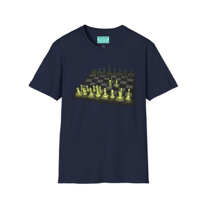 Navy unisex short-sleeve t-shirt featuring an electrifying chess board with glowing pieces mid–Queen’s Gambit, because nothing says “checkmate” like opening with flair and a radiant strategy.