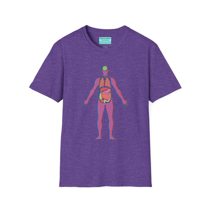Purple t-shirt featuring an illustration of an anatomical figure with internal organs shown in different colors.