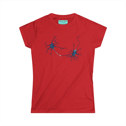 Women’s t-shirt in red featuring an illustration of two multipolar neurons forming a synapse.