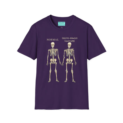 Dark purple unisex short sleeve t-shirt featuring two skeletons side by side—one labeled "normal," the other "Ehlers-Danlos Syndrome"—because connective tissue disorders deserve more visibility (and maybe a sense of humor, too).