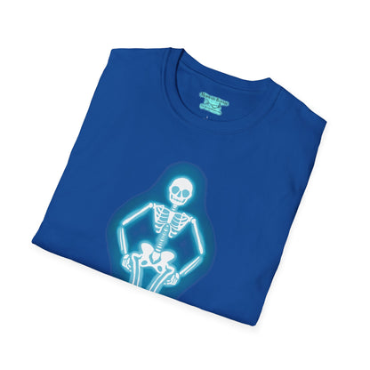 Neon Skeleton Graphic T-Shirt, Glowing Blue Neon Sign Tee, Unisex Skeleton Shirt