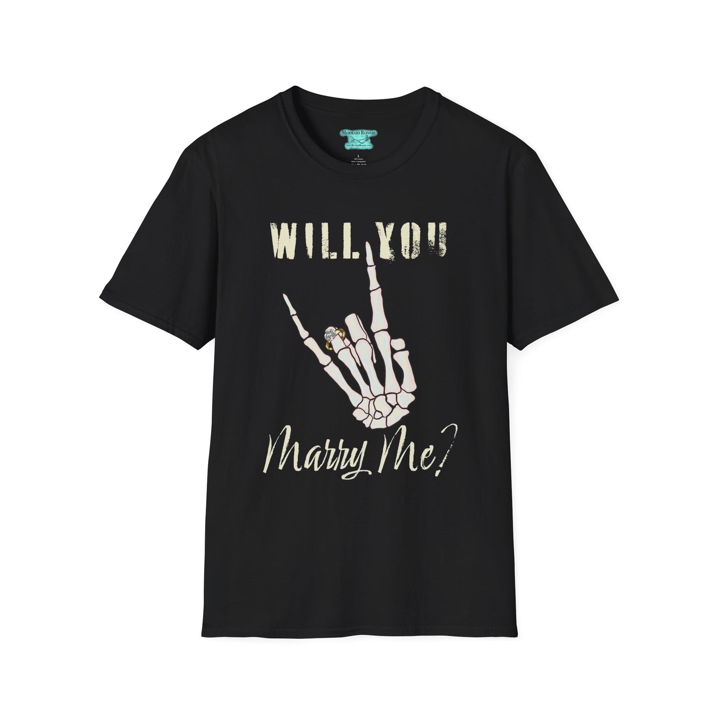 Will You Marry Me T-Shirt, Skeleton Rock and Roll Symbol, Unisex Wedding Proposal Tee