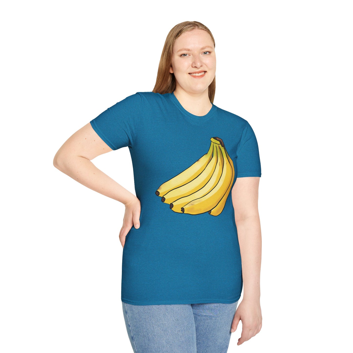 Woman wearing a blue t-shirt featuring an illustration of a bunch of bananas.