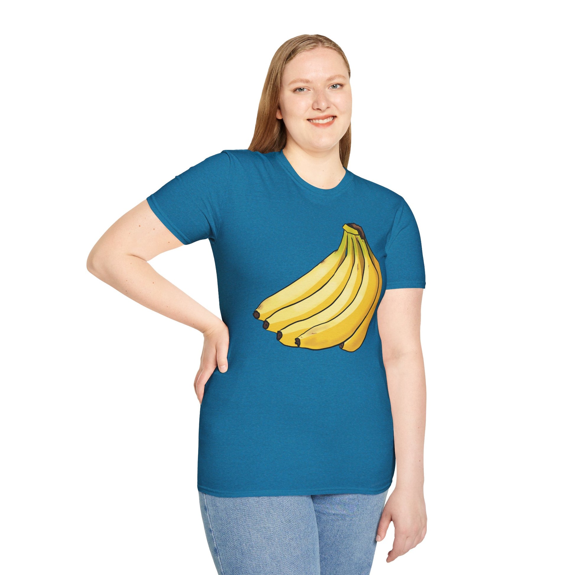 Woman wearing a blue t-shirt featuring an illustration of a bunch of bananas.