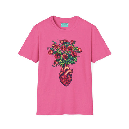 Pink shirt featuring an illustration of an anatomical heart used as a vase, with a bouquet of roses emerging from it.