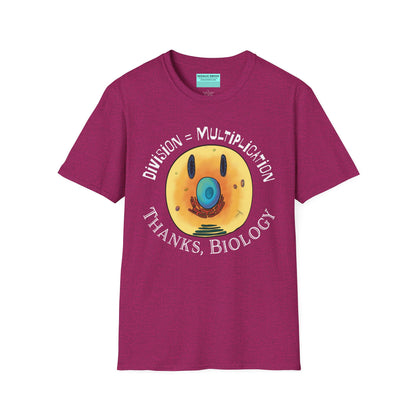 Pink t-shirt featuring an illustration of a cell, with cellular organelles arranged to create a smiley face. The text 'Division = Multiplication. Thanks, Biology' is displayed surrounding the image.