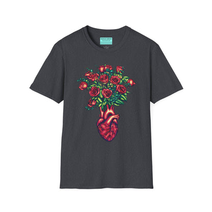 Dark grey shirt featuring an illustration of an anatomical heart used as a vase, with a bouquet of roses emerging from it.