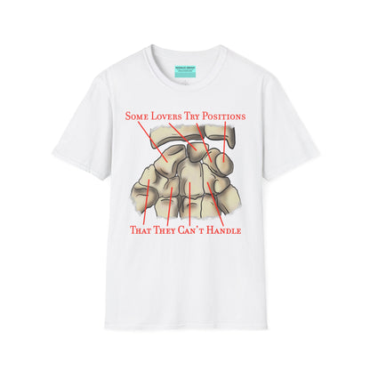 White t-shirt featuring an anatomical drawing of the carpal bones, with the mnemonic 'Some lovers try positions that they can't handle' displayed.