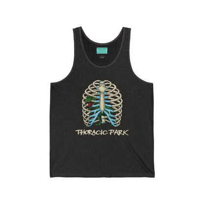 A dark heather grey unisex tank top featuring a ribcage with a T-Rex inside, and the punny text "Thoracic Park"—perfect for fans of both dino-sized humor and anatomy!