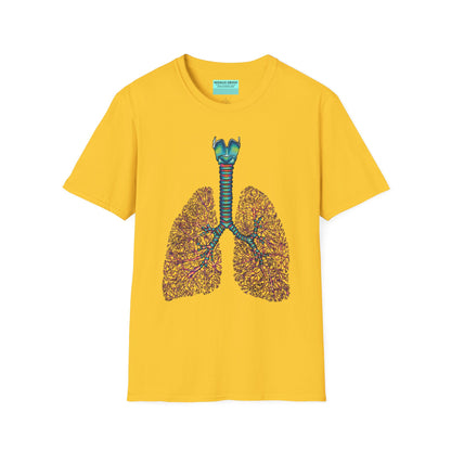 Yellow t-shirt featuring an illustration of anatomical lungs, including the bronchi, trachea, and larynx.