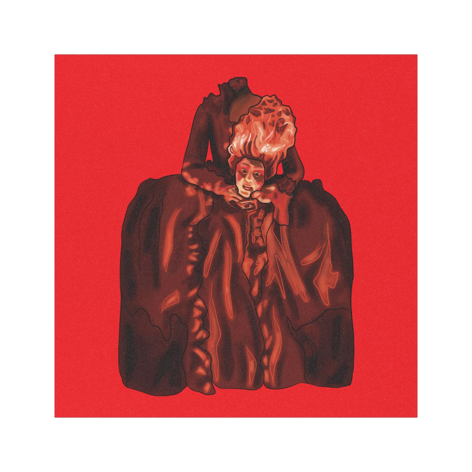 Magnet with an illustration of a beheaded Marie Antoinette holding her head, set against a red background.