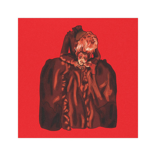 Magnet with an illustration of a beheaded Marie Antoinette holding her head, set against a red background.