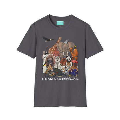 Charcoal grey unisex short sleeve tee featuring a diverse group of illustrated animals—like an elephant, bird, cat, and more—gathered around a human in the center. Below the image, the text reads "humans are animals too," celebrating our place in the animal kingdom with a touch of humor and humility.