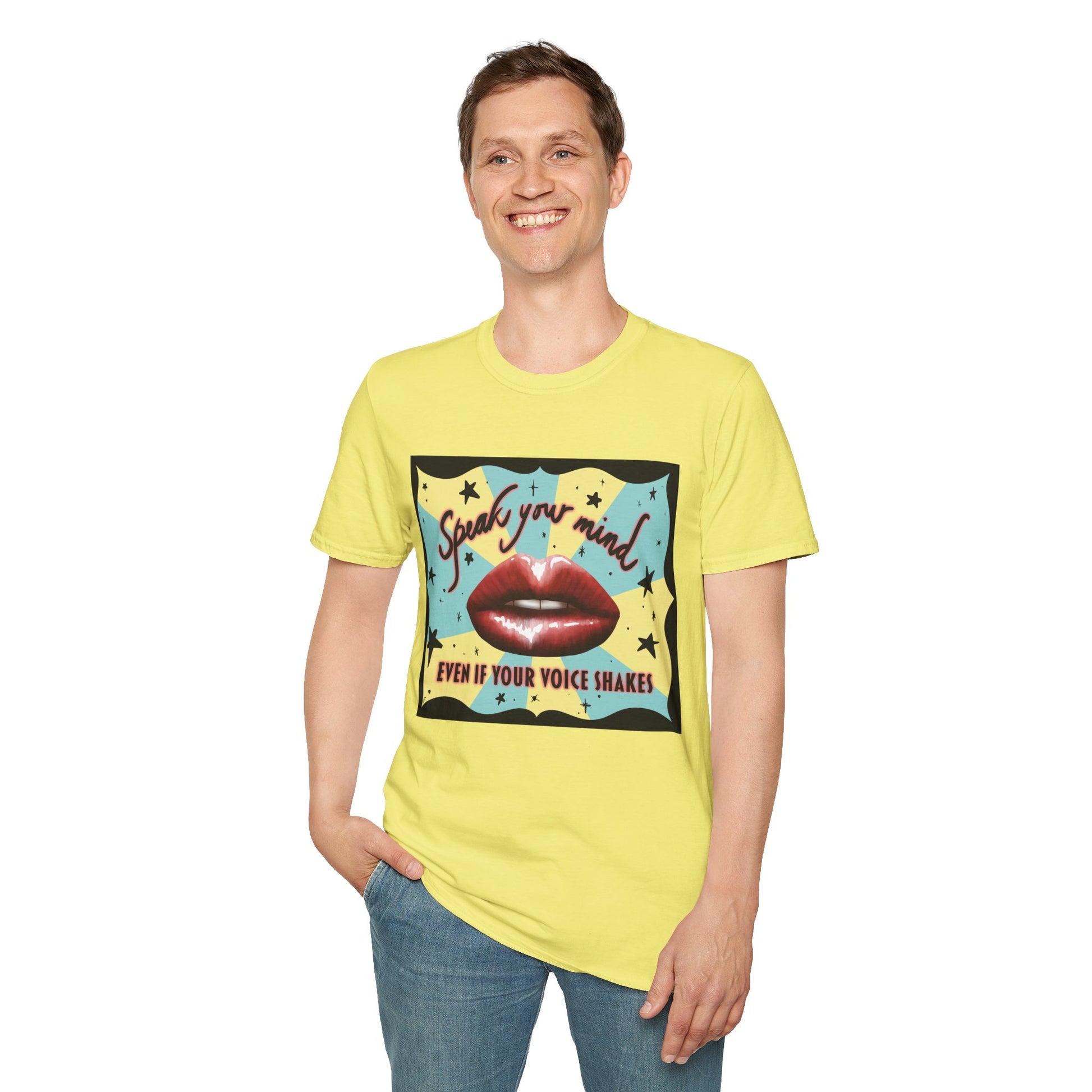 Man wearing a yellow t-shirt featuring an illustration of red lips and the phrase 'Speak your mind, even if your voice shakes.'