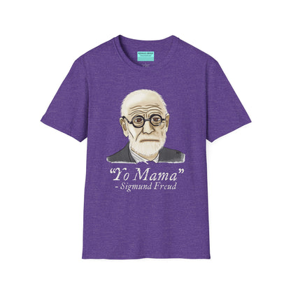 Purple unisex short sleeve tee featuring a hand-drawn portrait of Sigmund Freud looking suspiciously insightful, with the phrase "Yo mama" playfully printed below—because sometimes, every complex issue really does go back to your mother.