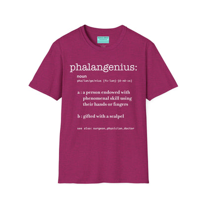 Fuscia t-shirt featuring a dictionary-style definition of the term 'Phalangenius,' a humorous play on the terms 'phalange' and 'genius,' aimed at surgeons.