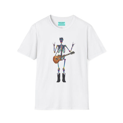 White t-shirt featuring a tie-dye skeleton holding a guitar, dressed like a classic rocker with boots, a bandana, and rock-style clothing.