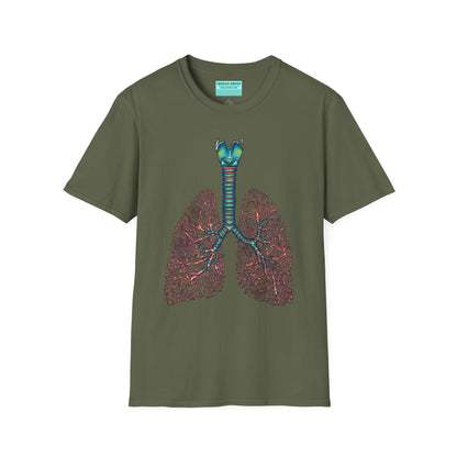 Military green t-shirt featuring an illustration of anatomical lungs, including the bronchi, trachea, and larynx.