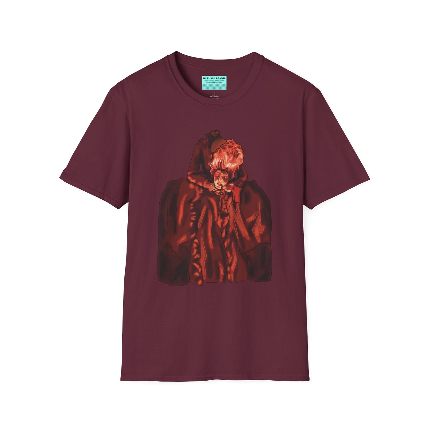 Burgundy t-shirt featuring an illustration of a headless Marie Antoinette holding her own head in her hands.