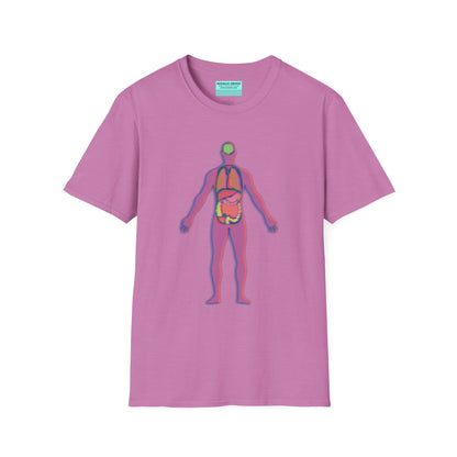 Light purple t-shirt featuring an illustration of an anatomical figure with internal organs shown in different colors.