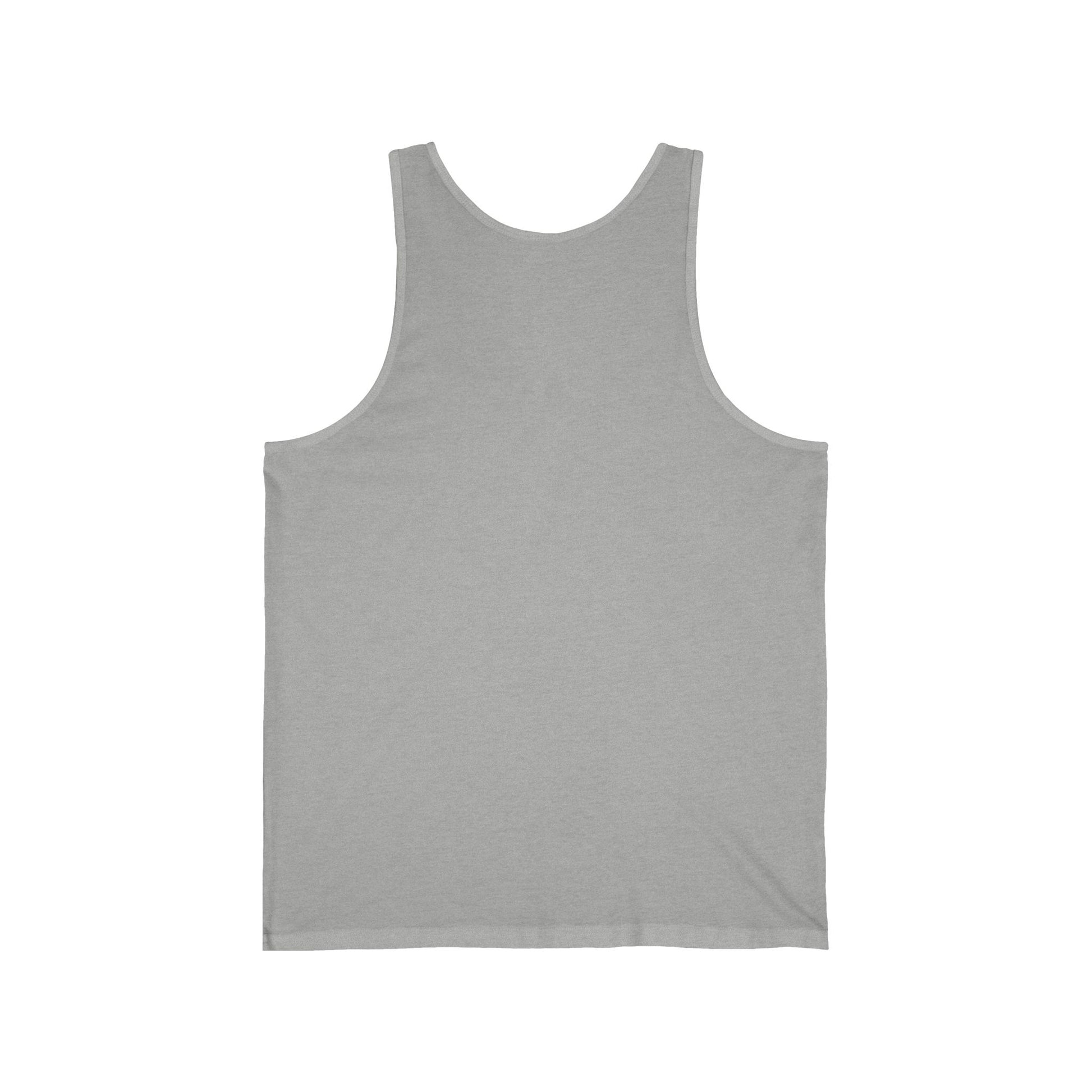 The back view of a grey unisex adult tank top.