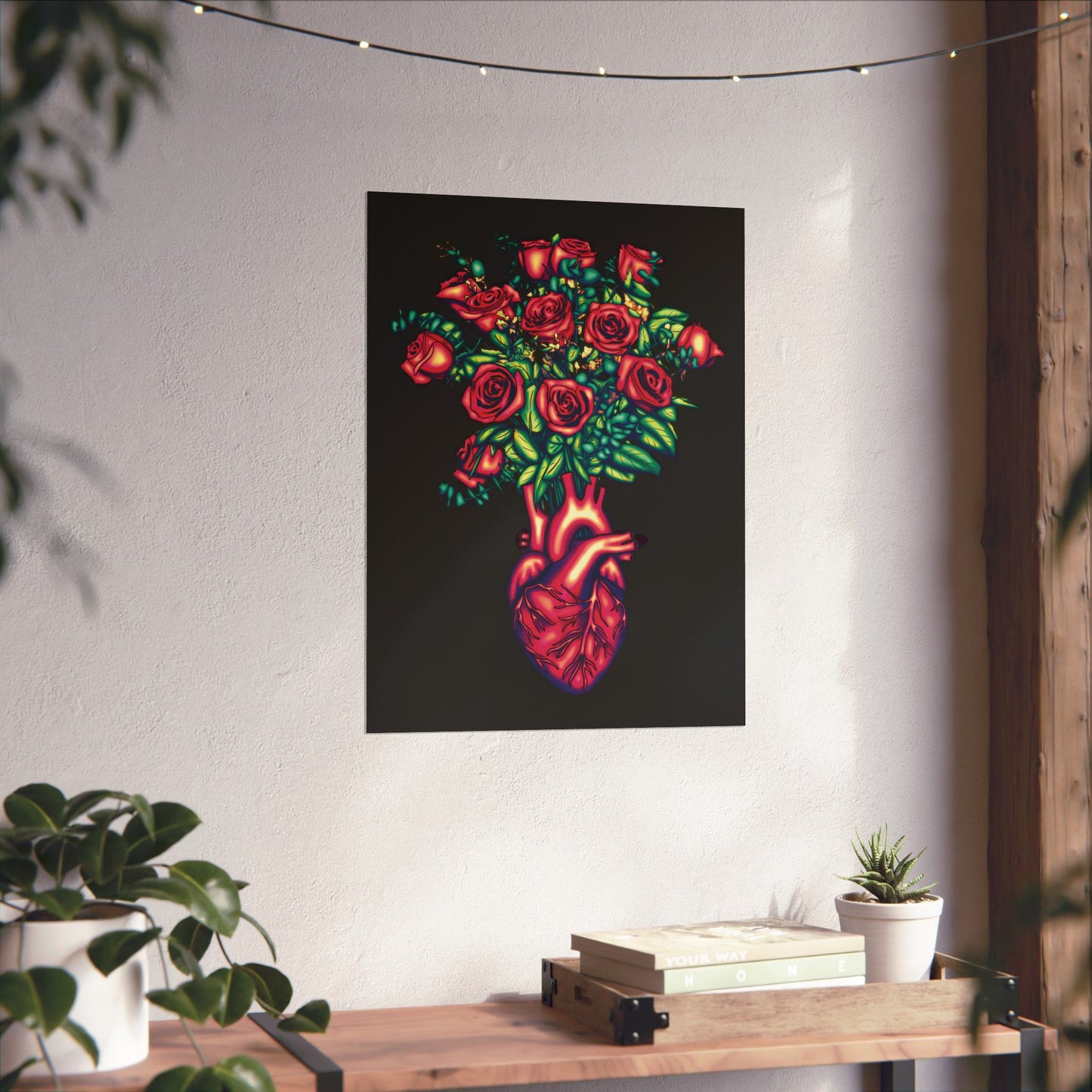 Anatomical Heart with Roses Art Print, Gothic Wall Decor Poster, Black and Red Floral Wall Poster