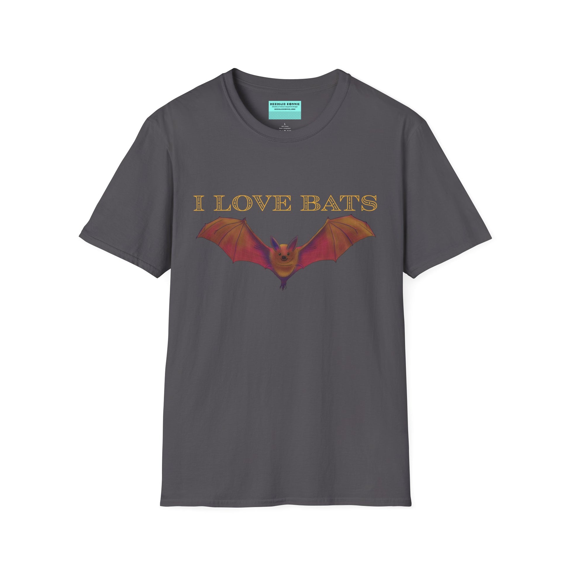Charcoal grey t-shirt featuring an irresistibly adorable brown bat with outstretched wings across the chest and the text “I love bats” — perfect for anyone who’s batty about flying mammals.