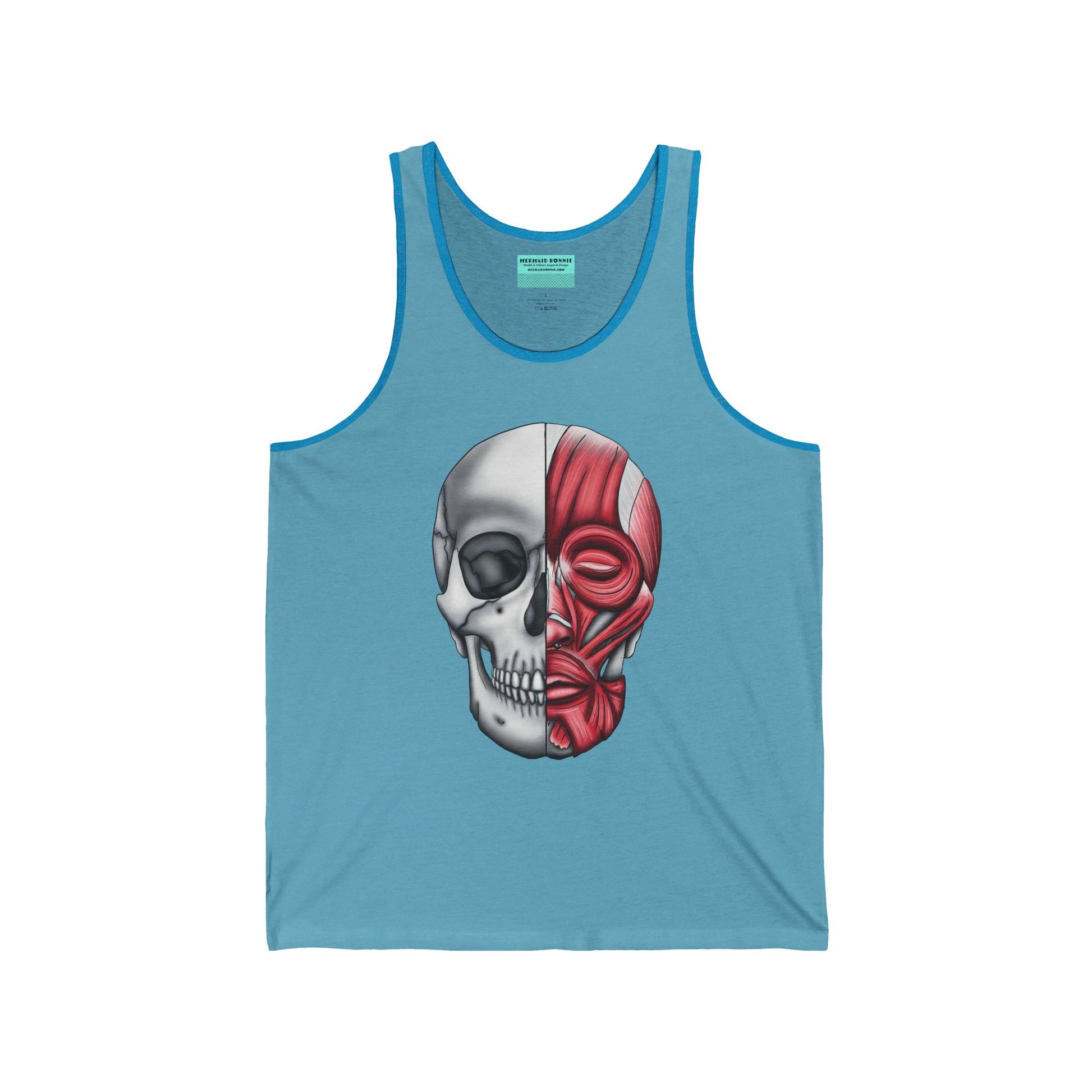 A light blue unisex adult tank top with a detailed anatomical skull, half showing the bones and the other half revealing the facial muscles—because who doesn’t want to wear a little “muscle” with their style?