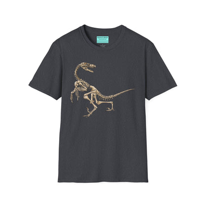 Dark grey unisex short sleeve t-shirt with a fierce velociraptor skeleton strutting across the chest—because who says extinct can’t be stylish?