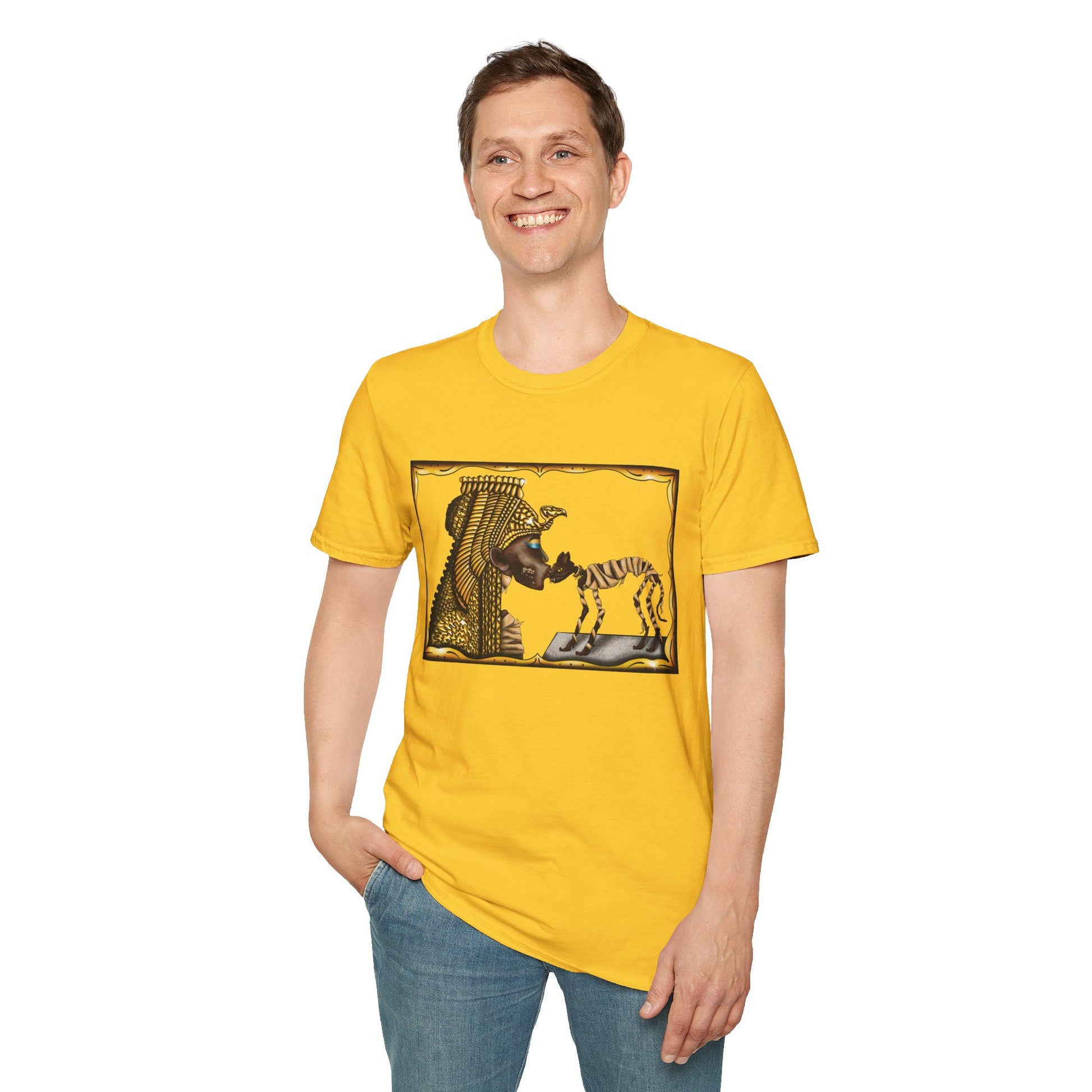 Man wearing a yellow t-shirt featuring an illustration of Cleopatra mummy kissing a cat mummy.