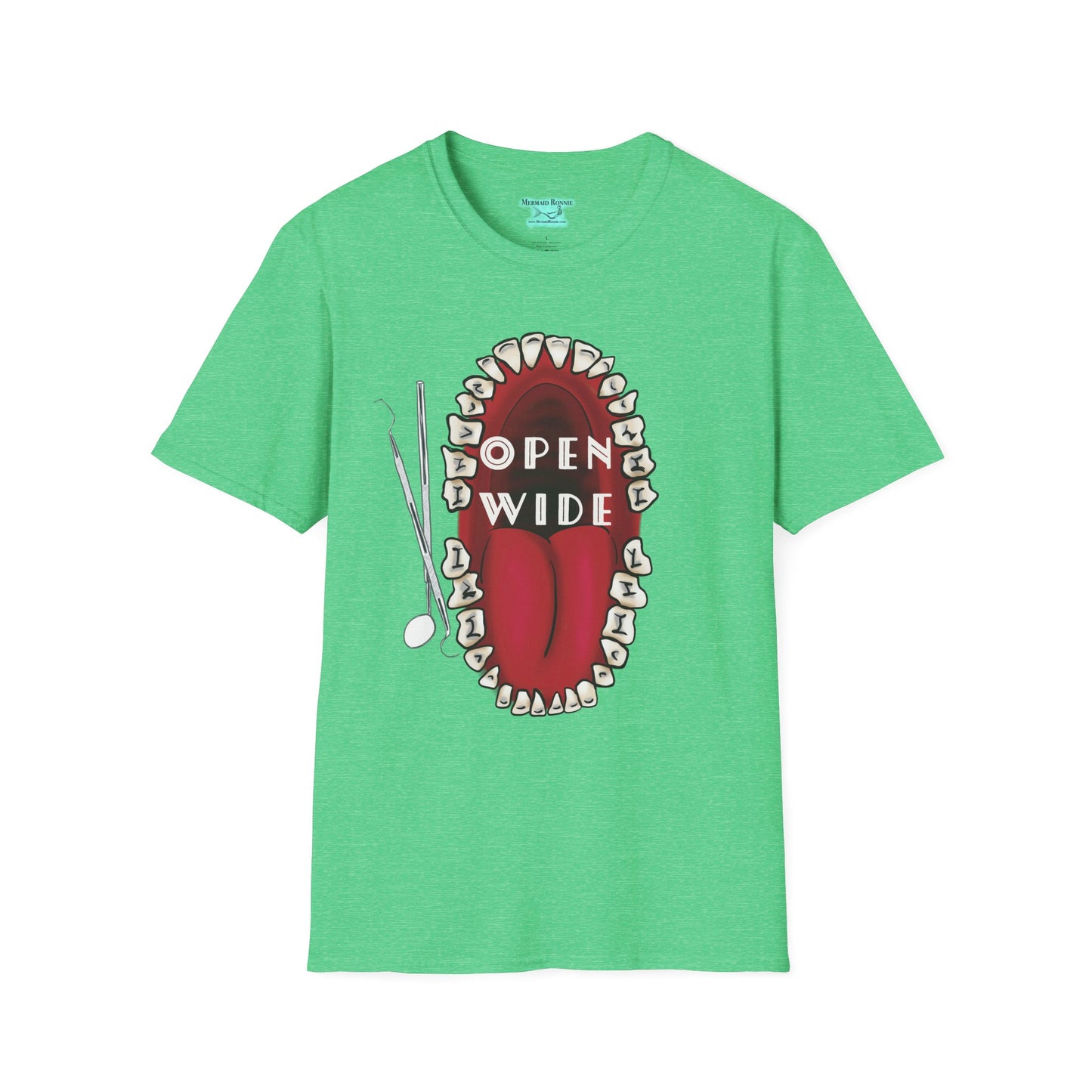 Dental Professional T-Shirt, Open Wide Design with Teeth and Dental Tools for Dentists and Dental Hygienists