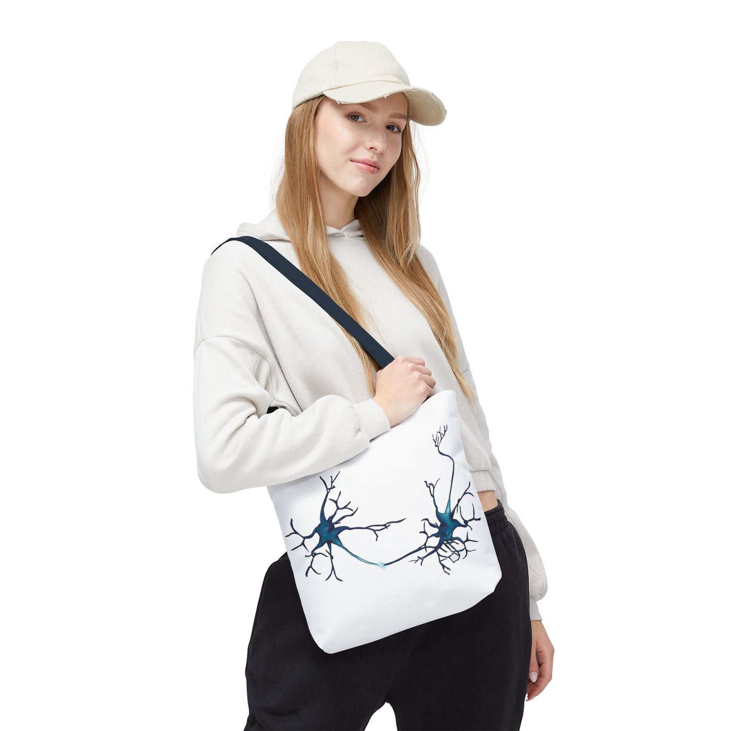 Neuron Tote Bag with Navy Blue Handles, White Bag with Brain Cell Illustration, Anatomy Gift