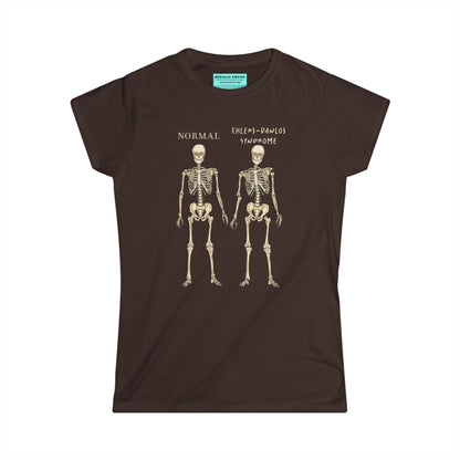 Women’s t-shirt in brown with two skeletons side by side. The first is labeled 'Normal' and the second is labeled 'Ehlers-Danlos Syndrome,' visually illustrating the skeletal effects of EDS.