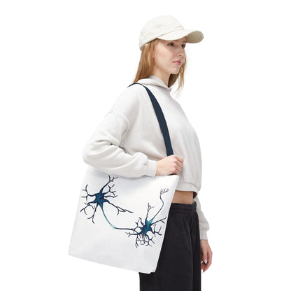 Neuron Tote Bag with Navy Blue Handles, White Bag with Brain Cell Illustration, Anatomy Gift