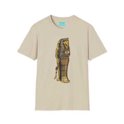Beige t-shirt featuring an illustration of an Egyptian sarcophagus, with a mummy stepping out of it and glowing red eyes.