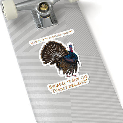 Funny Thanksgiving Turkey Joke Sticker, 'Why Did the Cranberry Blush?', Holiday Party Decor